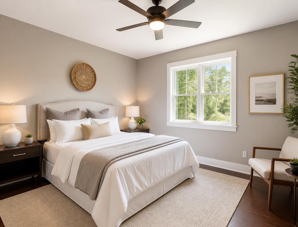 Bedroom freshly painted in soft greige with crisp white trim