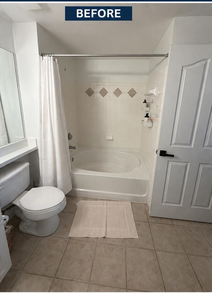 Same bathroom before renovation, with an old bathtub, shower curtain and dated tile