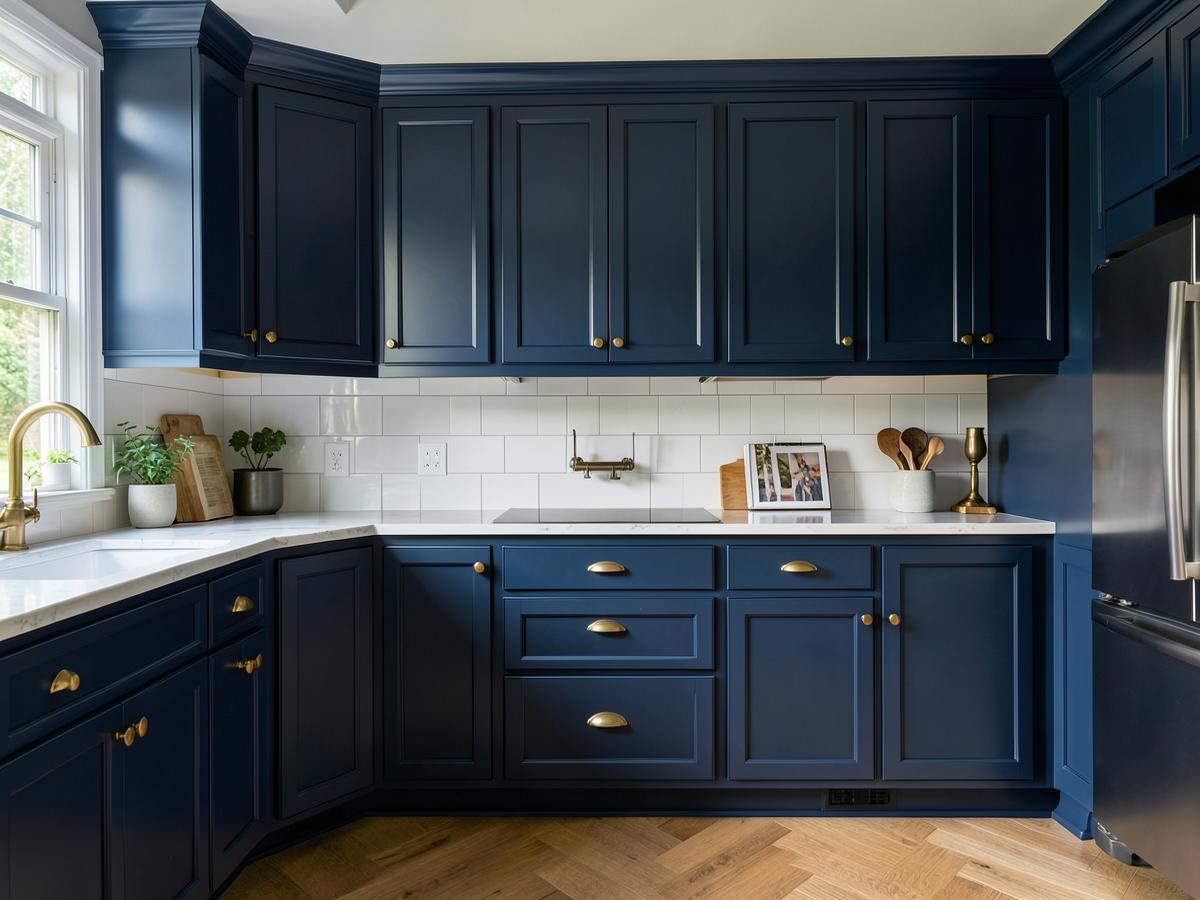 Kitchen cabinets refinished in deep navy with brass hardware