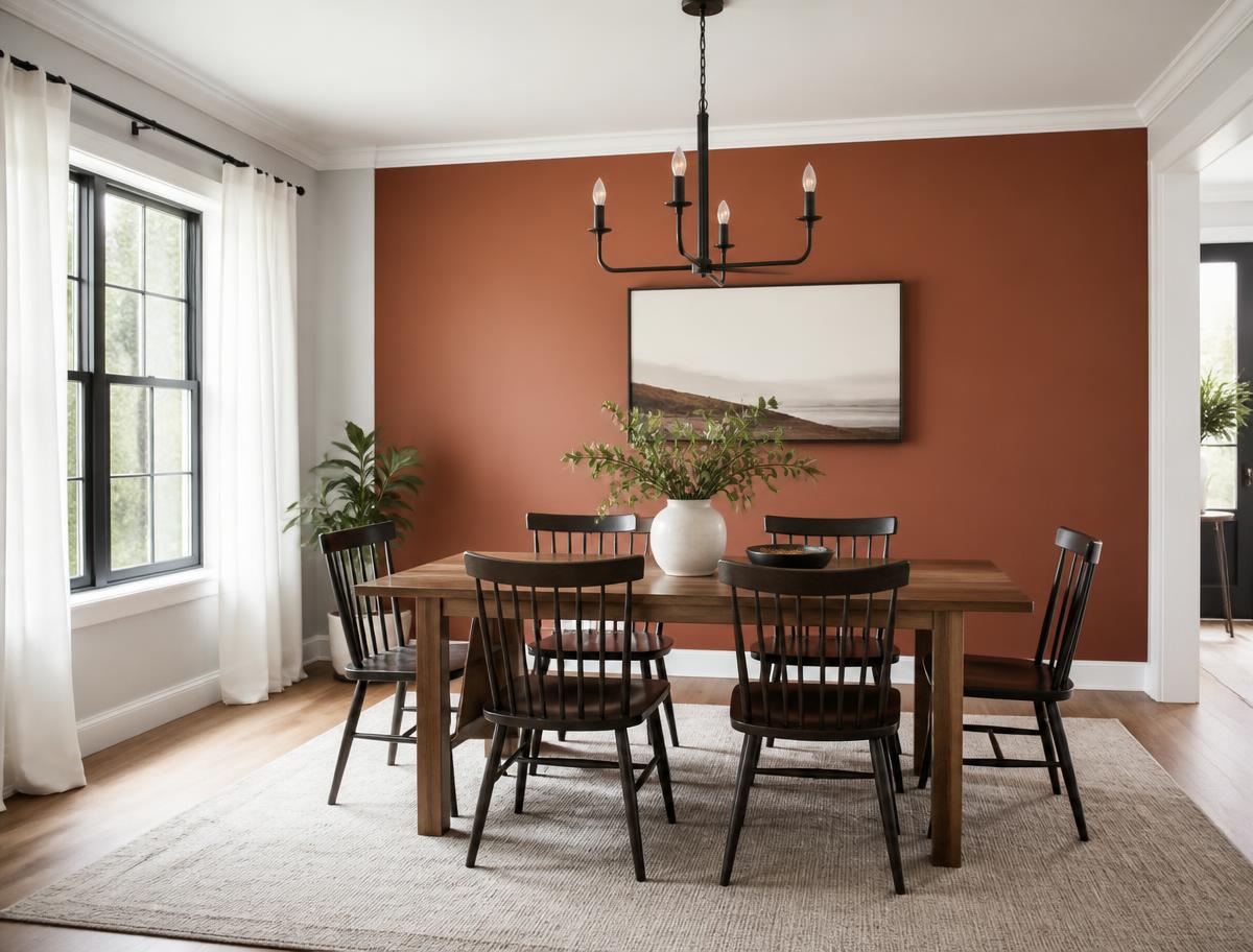 Dining room with a warm terracotta accent wall and white ceiling