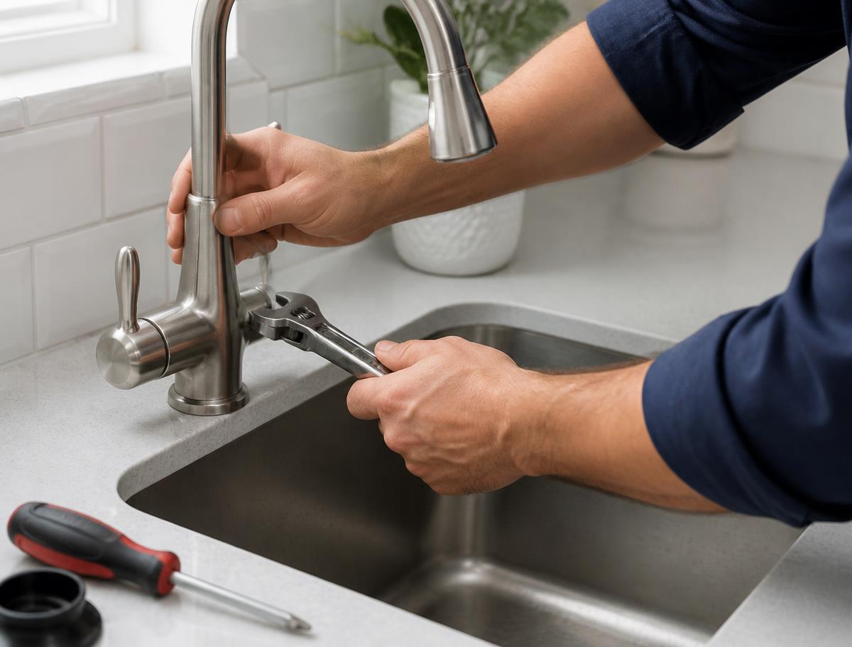 Handyman tightening a new kitchen faucet with a wrench