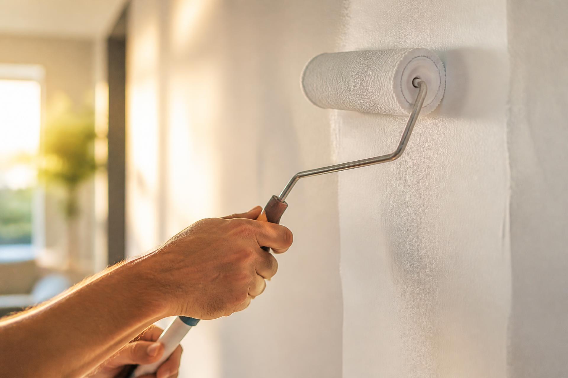Paint roller applying fresh white paint to an interior wall of a bright home