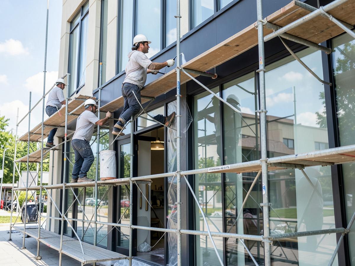 Two painters on scaffolding painting a modern commercial storefront