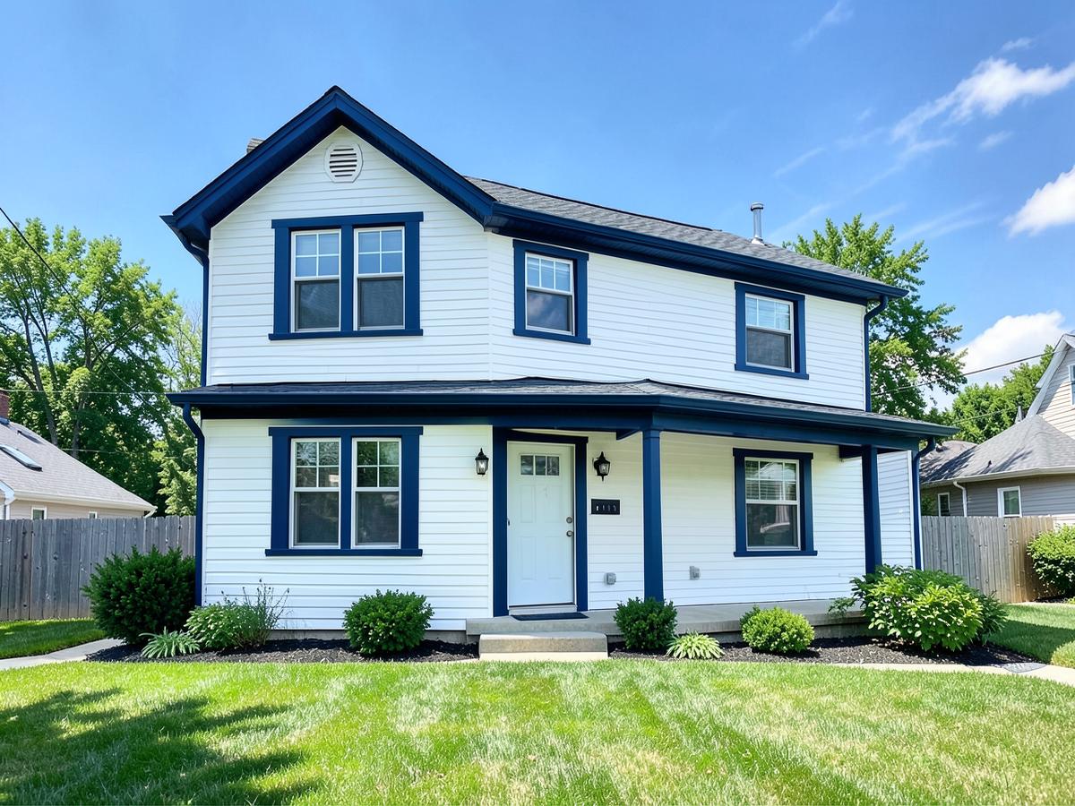 Freshly repainted two-story house with white siding and navy trim